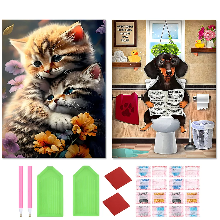 2Pcs Cat And Puppy - Full Round Drill Diamond Painting - 30*40CM(Canvas)