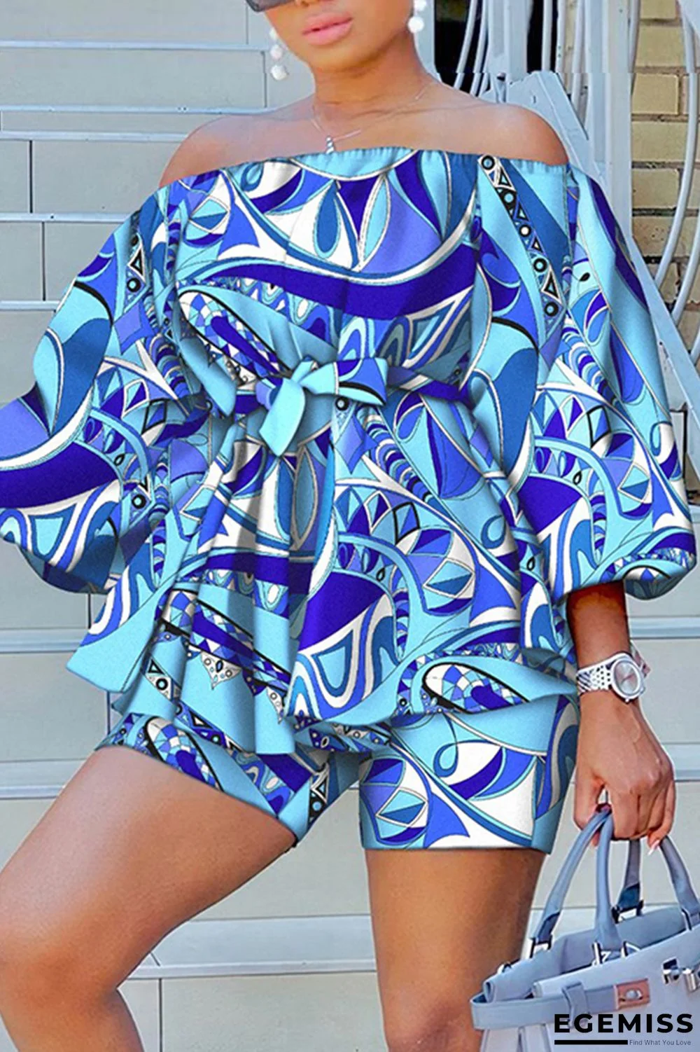 Blue Casual Print Patchwork Off the Shoulder Long Sleeve Two Pieces | EGEMISS
