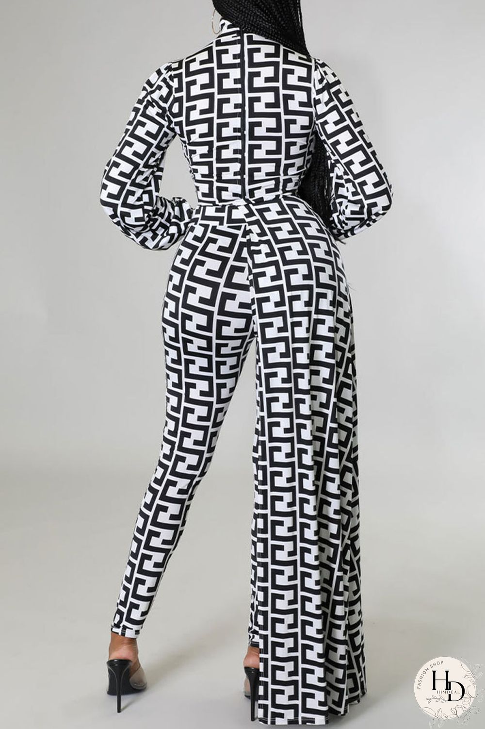 Black And White Casual Print Asymmetrical Half A Turtleneck Long Sleeve Two Pieces