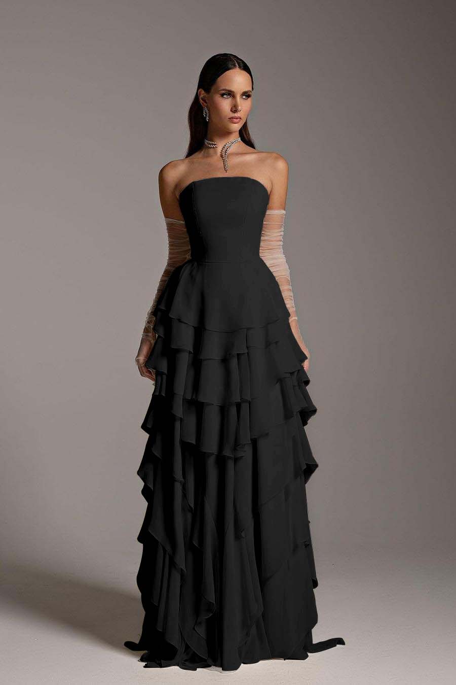 Charming Strapless Sleeveless Square Ruffles Long Prom Dress With Gloves XJ0203