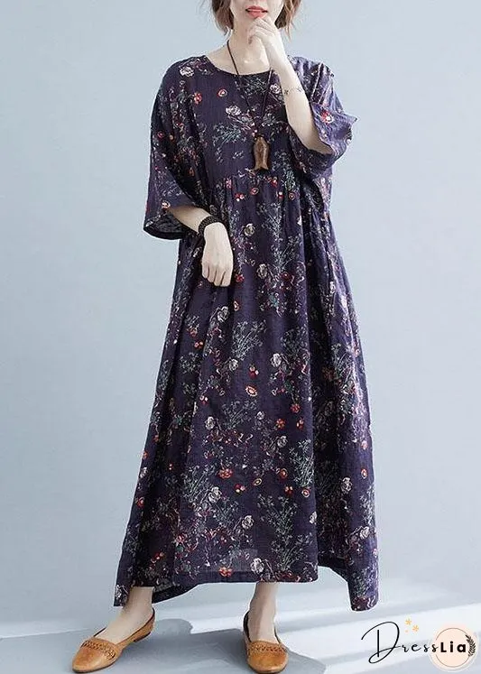 French Navy Print Pockets Loose Summer Half Sleeve Long Dress