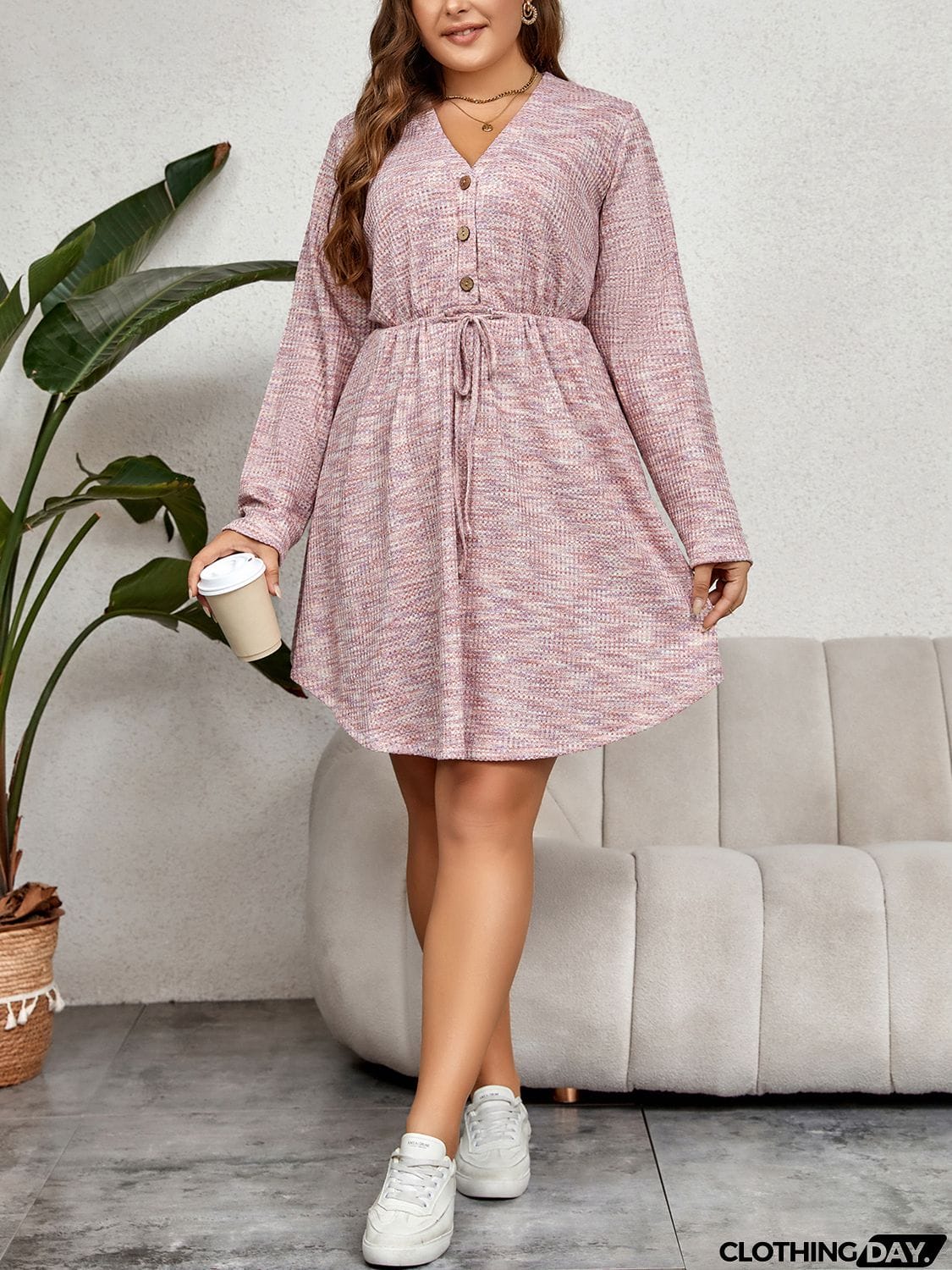 Plus Size V-Neck Tie Waist Long Sleeve Dress