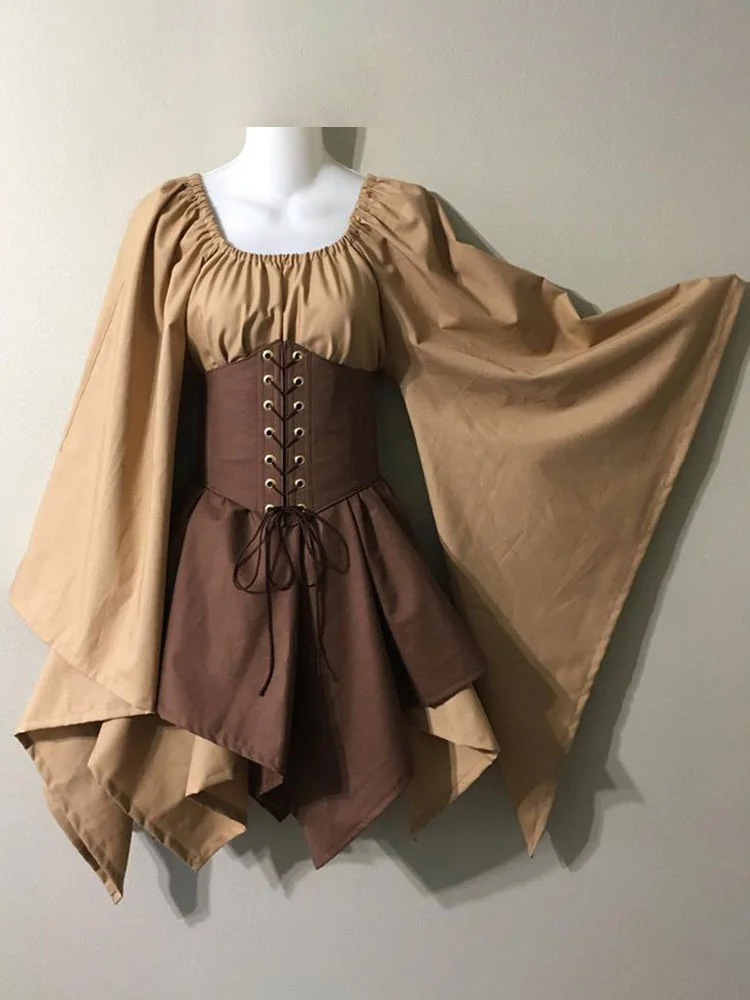 Halloween Costume Medieval Vintage Dress Layered Long Sleeve Patchwork Women Dress  Novameme