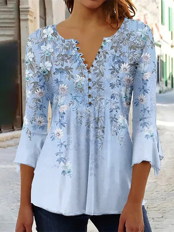 Women's Button Graphic Floral Printed V-Neck 3/4 Sleeve Top