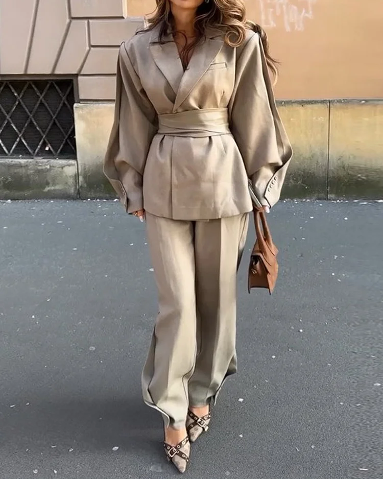 Lapel long sleeve solid color two piece suit