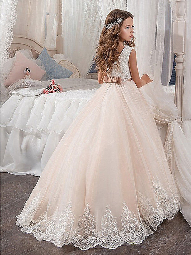 A-Line Crew Neck Sweep / Brush Train Satin / Tulle Junior Bridesmaid Dress With Sash / Ribbon / Appliques