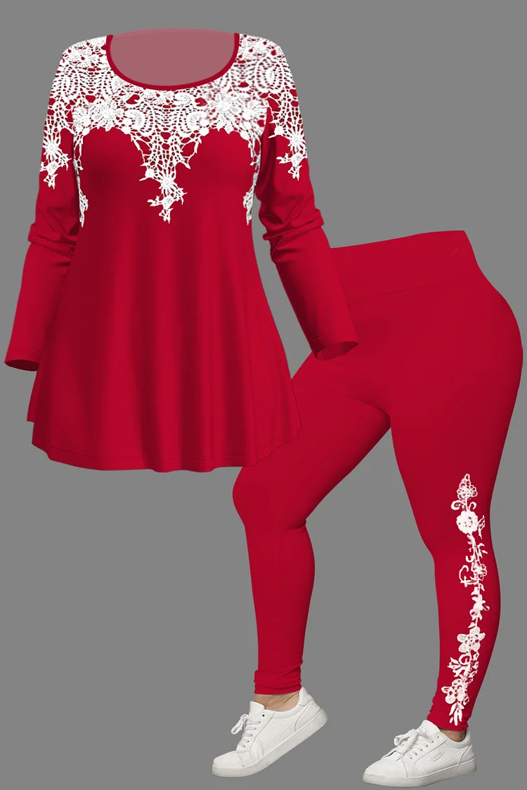 Flycurvy Plus Size Christmas Red Lace Print Two Piece Pant Set  Flycurvy [product_label]