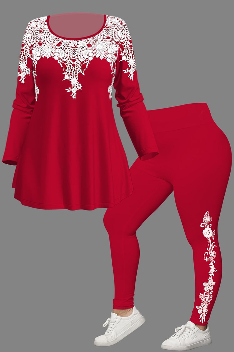 Flycurvy Plus Size Casual Red Lace Print Two Piece Pant Set  flycurvy [product_label]