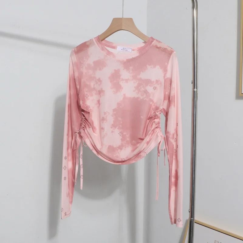 Uveng Real Shooting 2024 Summer New Long-Sleeved Short-Sleeved T-Shirt Sun Protection Shirt Thin Perspective Tie-Dye Mesh Hooder 6928