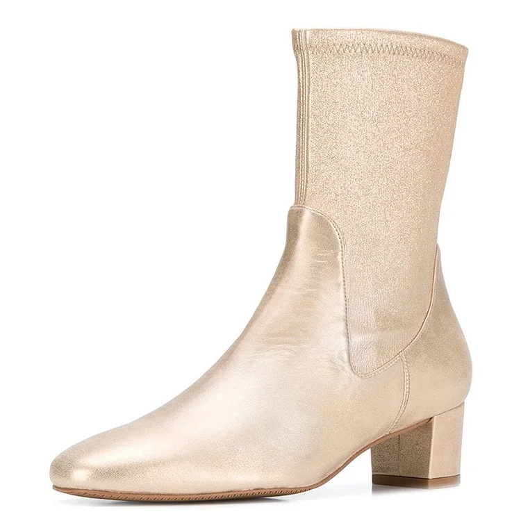 Champagne Sock Boots Block Heel Almond Toe Mid Calf Boots |FSJ Shoes