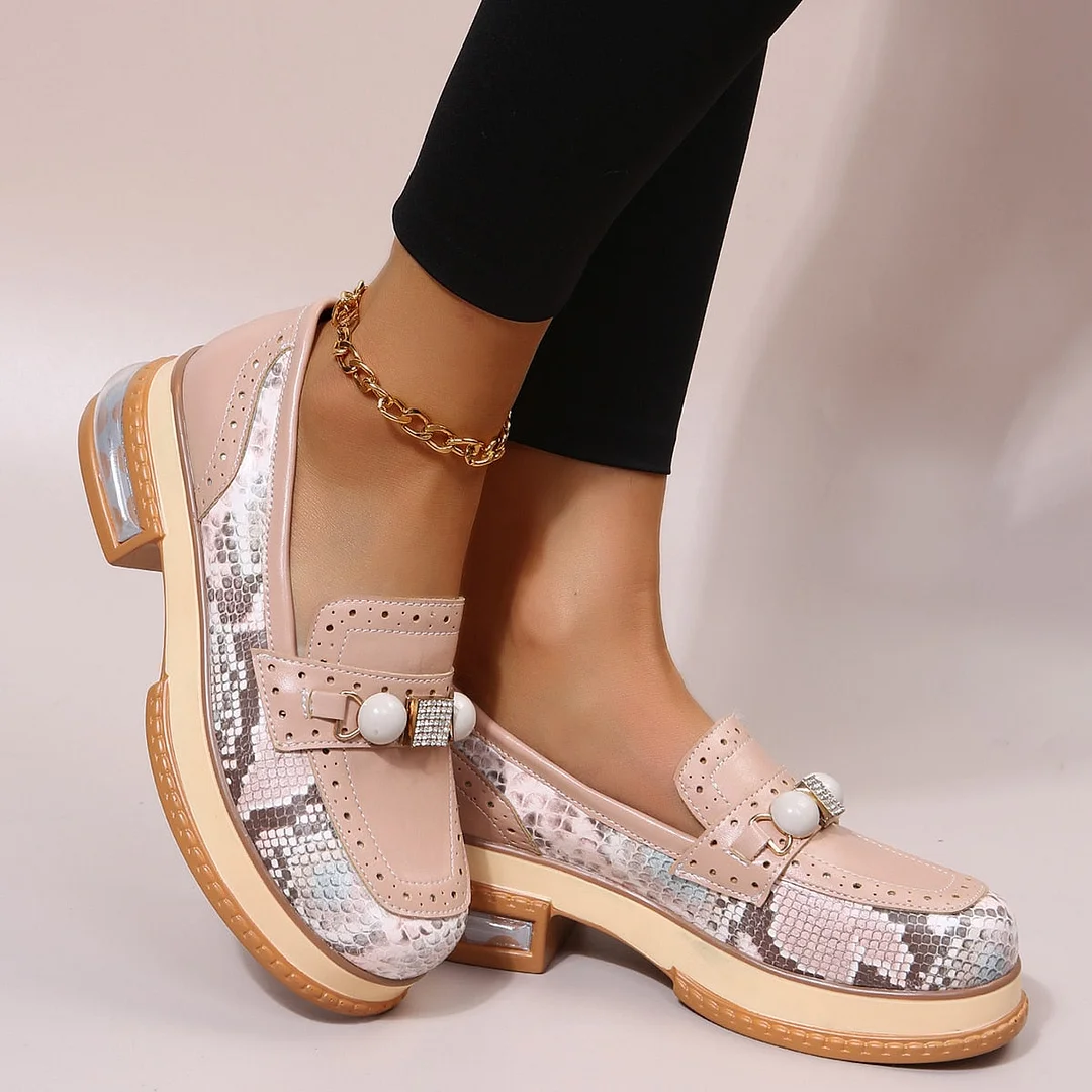 Luxury Pearl Mary Jane Women Shoes Thick Platform Snakeskin Pumps 2022 Spring Chunky Women Sandals New Snake Print Heels Shoes