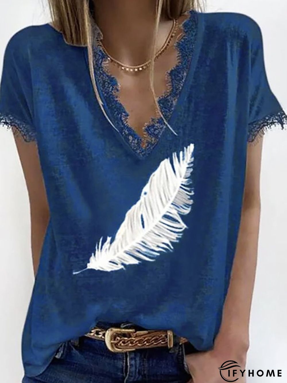 Printed V Neck Short Sleeve Casual T-shirt | IFYHOME