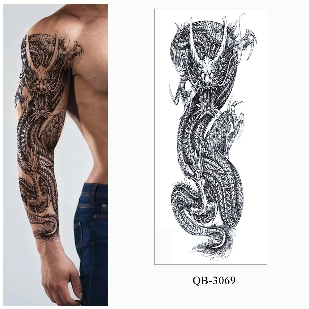 Sdrawing Men Temporary Tattoos Large Arm Sleeve Tattoo Sticker Dragon Tiger Fish Full Skull Totem Wolf Waterproof Fake Tattoo for Women