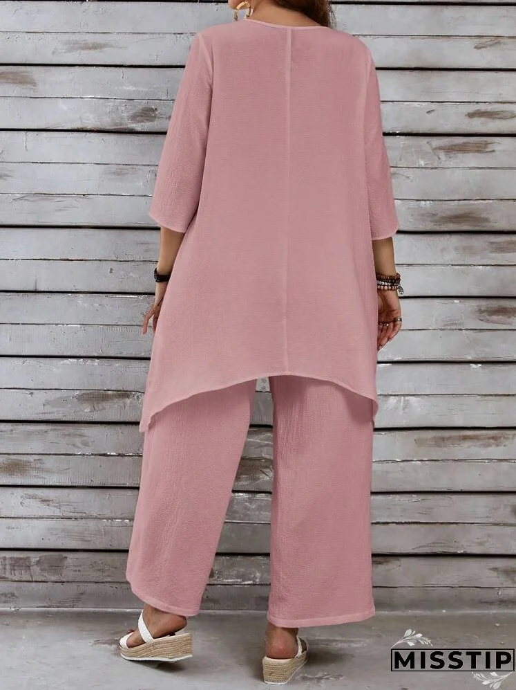 Plus Size Women's Summer Loose Fit Top With PocketsAnd Pants, Casual White Linen Set With Asymmetrical Hem And Three Quarter Sleeves