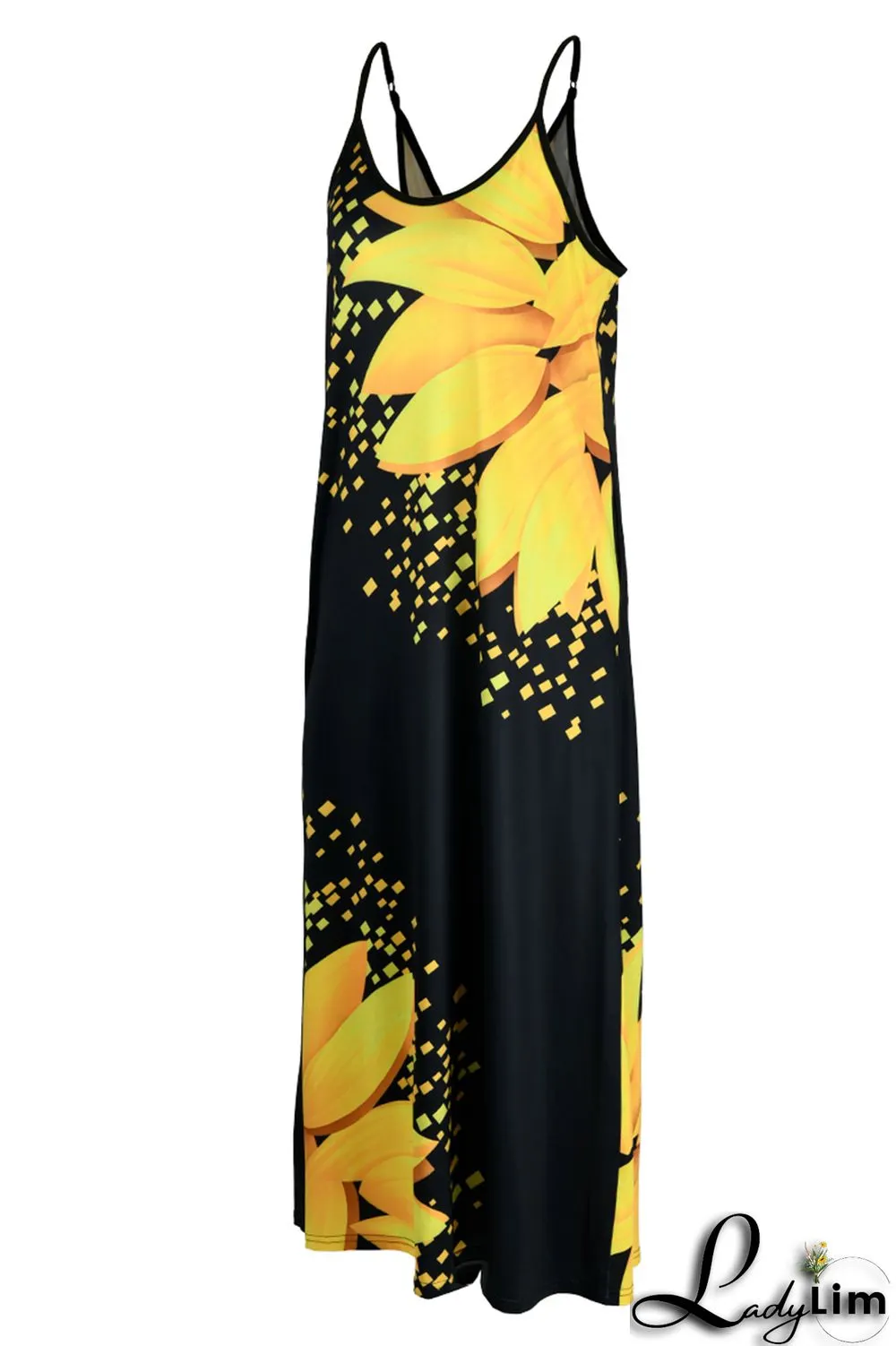Yellow Fashion Sexy Print Backless Spaghetti Strap Long Dress