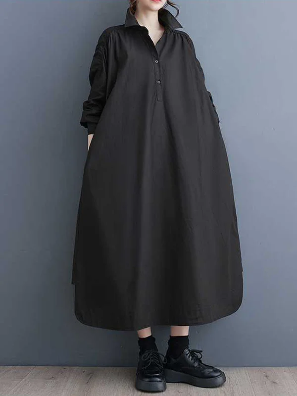 A-Line Long Sleeves Buttoned Hollow Pleated Pockets Solid Color Lapel Midi Dresses Shirt Dress