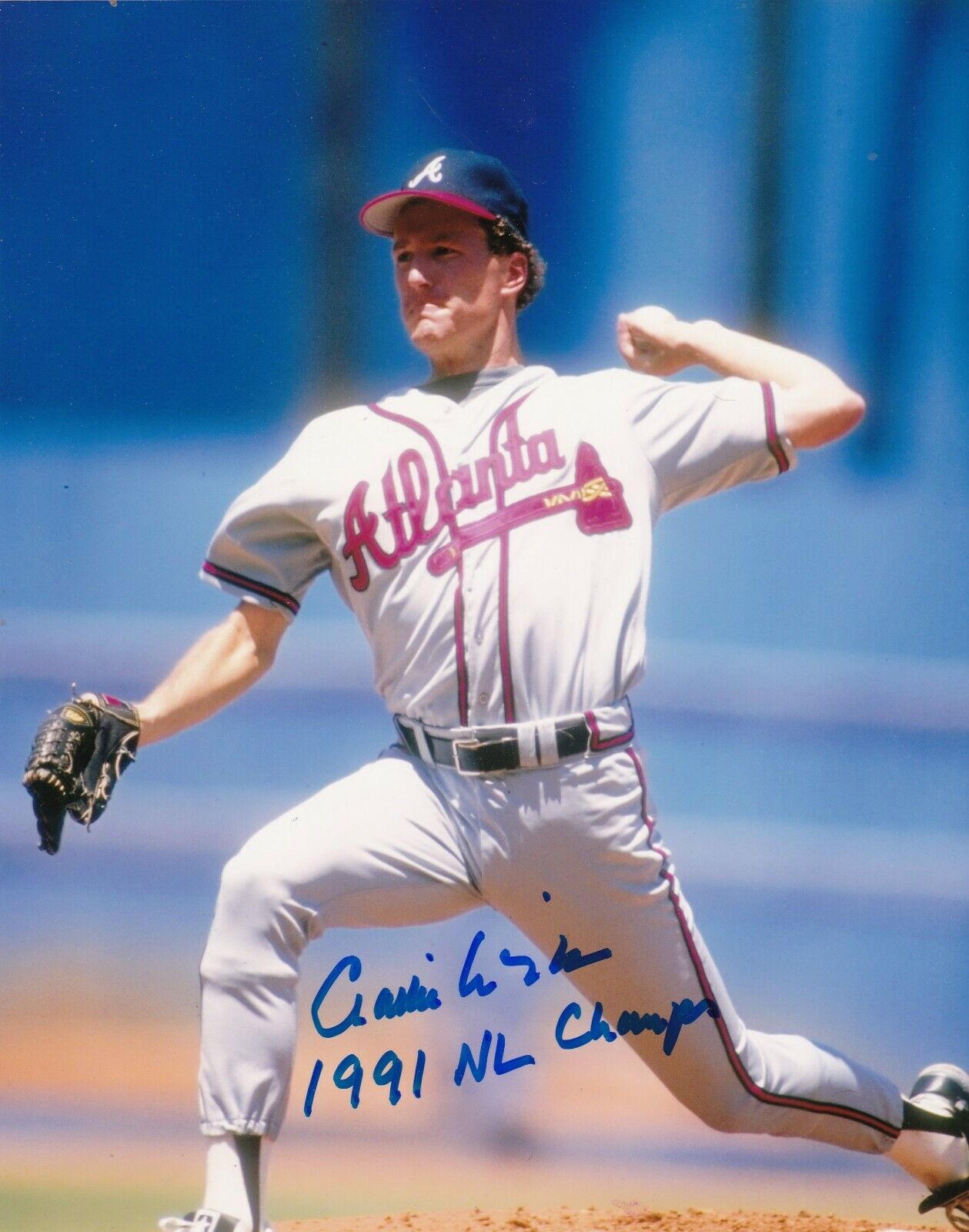 CHARLIE LEIBRANDT ATLANTA BRAVES 1991 NL CHAMPS ACTION SIGNED 8x10