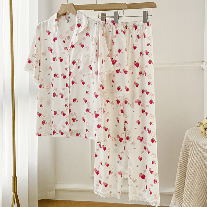 Bayuyun Female Pajamas 3PCS Sleepwear Sweet Print Strawberry Satin Trouser Suits Pijamas Lingerie Loose Casual Home Clothes Loungewear