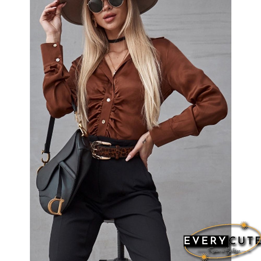 Beige Pleated Button Long Sleeve Shirt