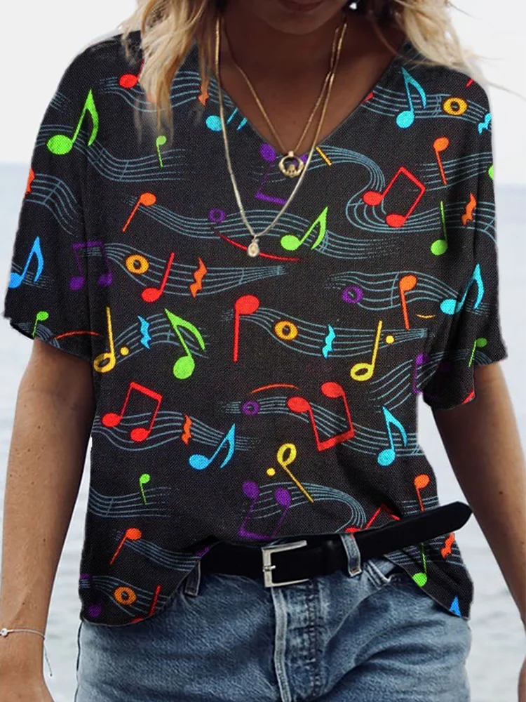 Colored Music Notes Graphic V Neck Comfy T Shirt