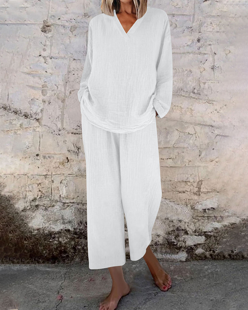 V Neck Loose Top & Wide Leg Side Pockets Pants Solid Color Set
