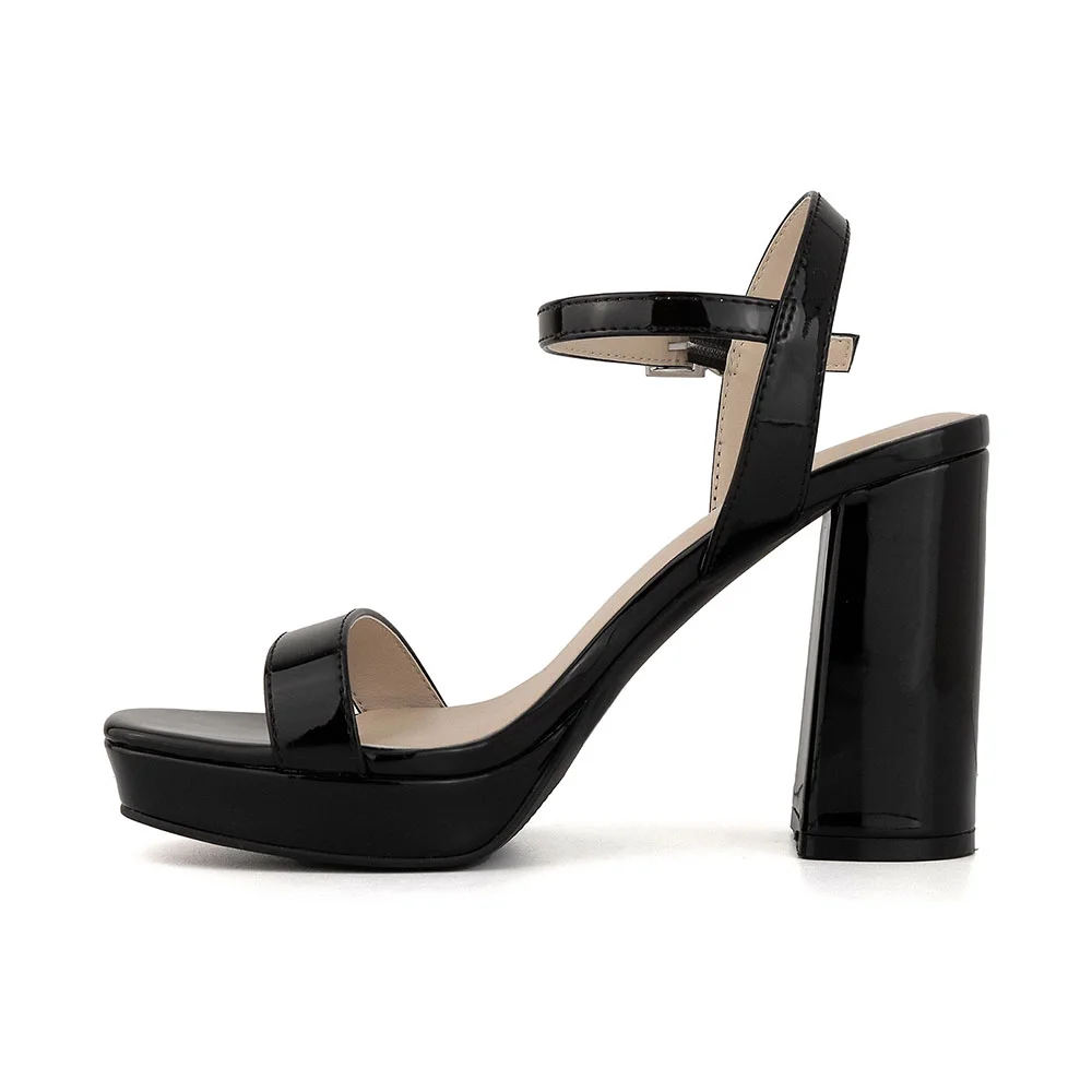 Black Square Toe Chunky Heel Ankle Strap Sandals with Platform