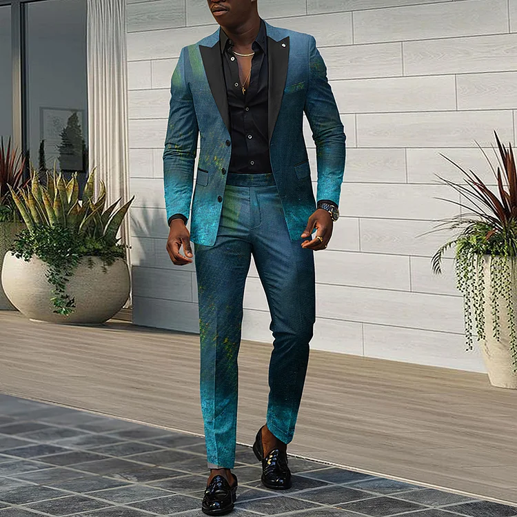 BrosWear Men's 1pc Blue Gradient Symphony Print Lapel Collar Blazer & 1pc Suit Pants