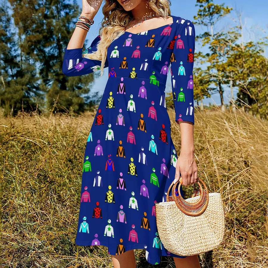 SFNEEWHO Jockey Silks Horse Racing Pattern Navy Blue Dress