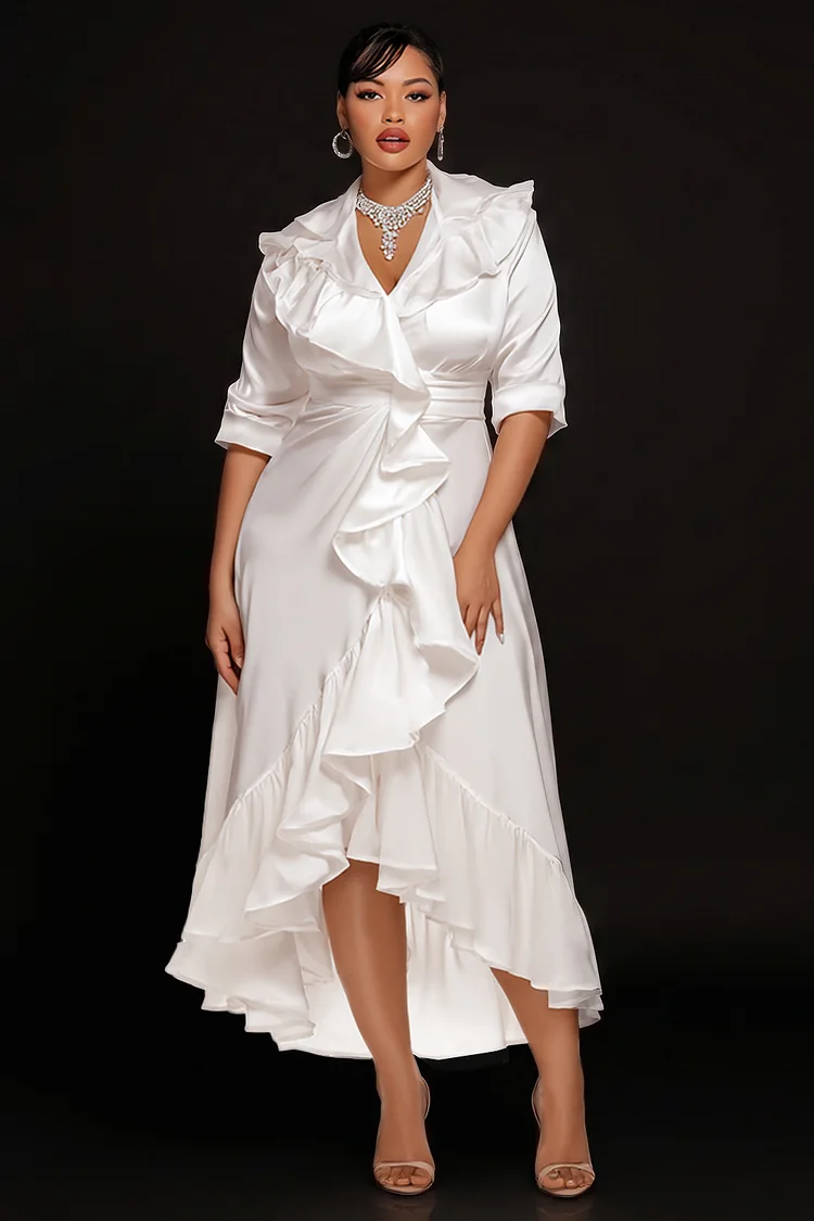 Xpluswear Design Plus Size Cocktail Party Elegant White V Neck Half Sleeve Ruffle Asymmetric Hem Satin Midi Dresses [Pre-Order] 2024 - Xpluswear