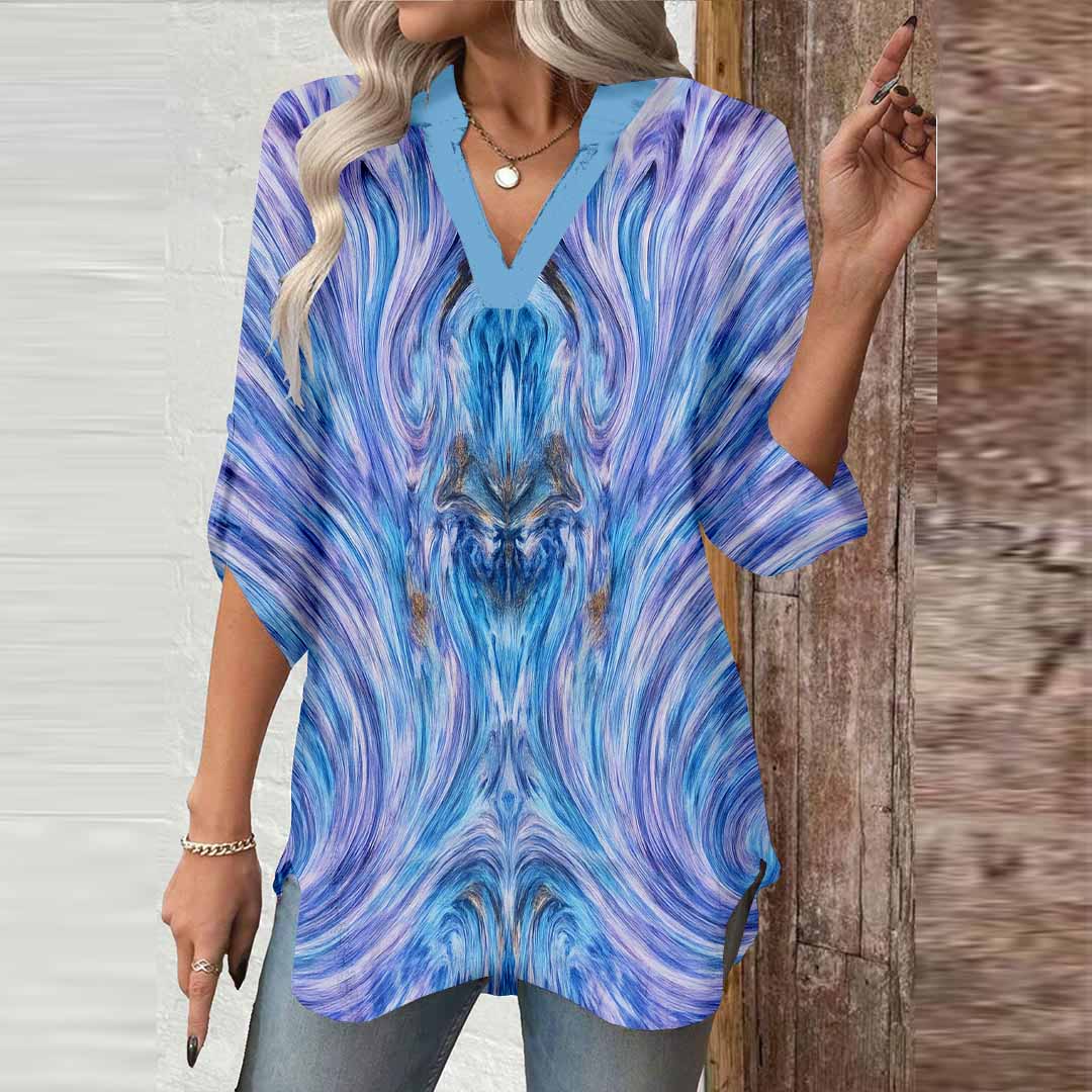 Women Purple, Painterly, Bohemian DZGA0405 3/4 Sleeve V-neck Printed Graphic Button Tops