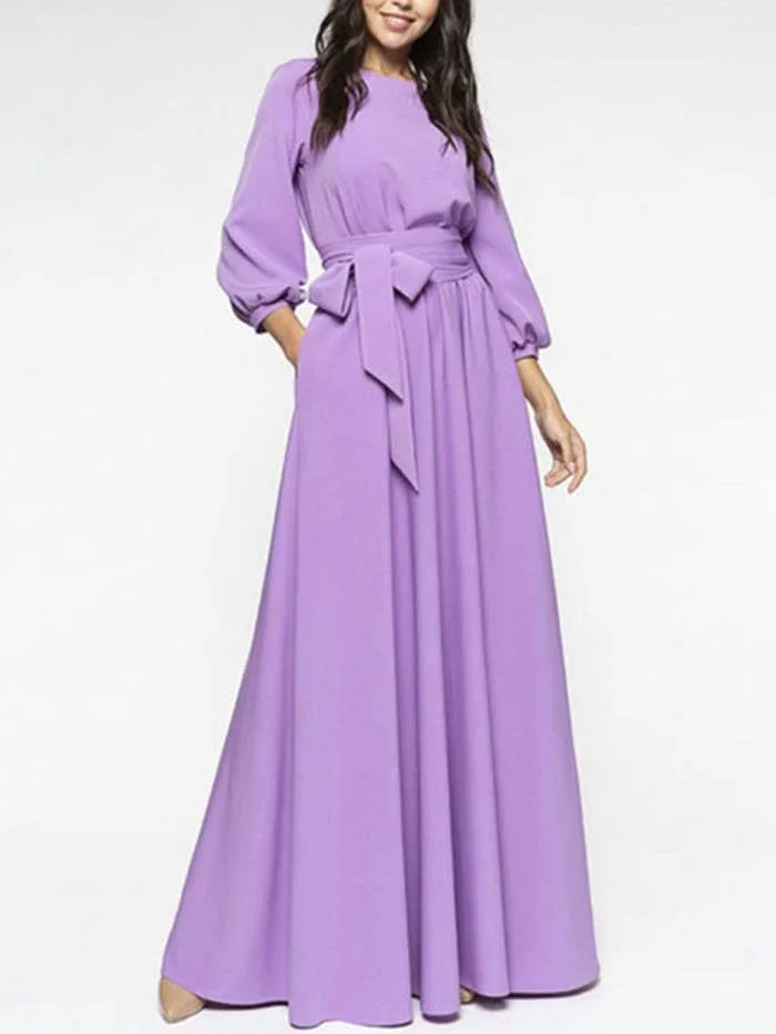 Summer new style women's round neck belt lantern sleeve long dress dress