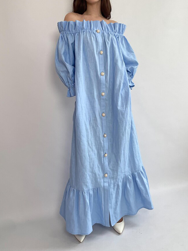 Off Shoulder Long Sleeved Single Row of Buttons Maxi Dress