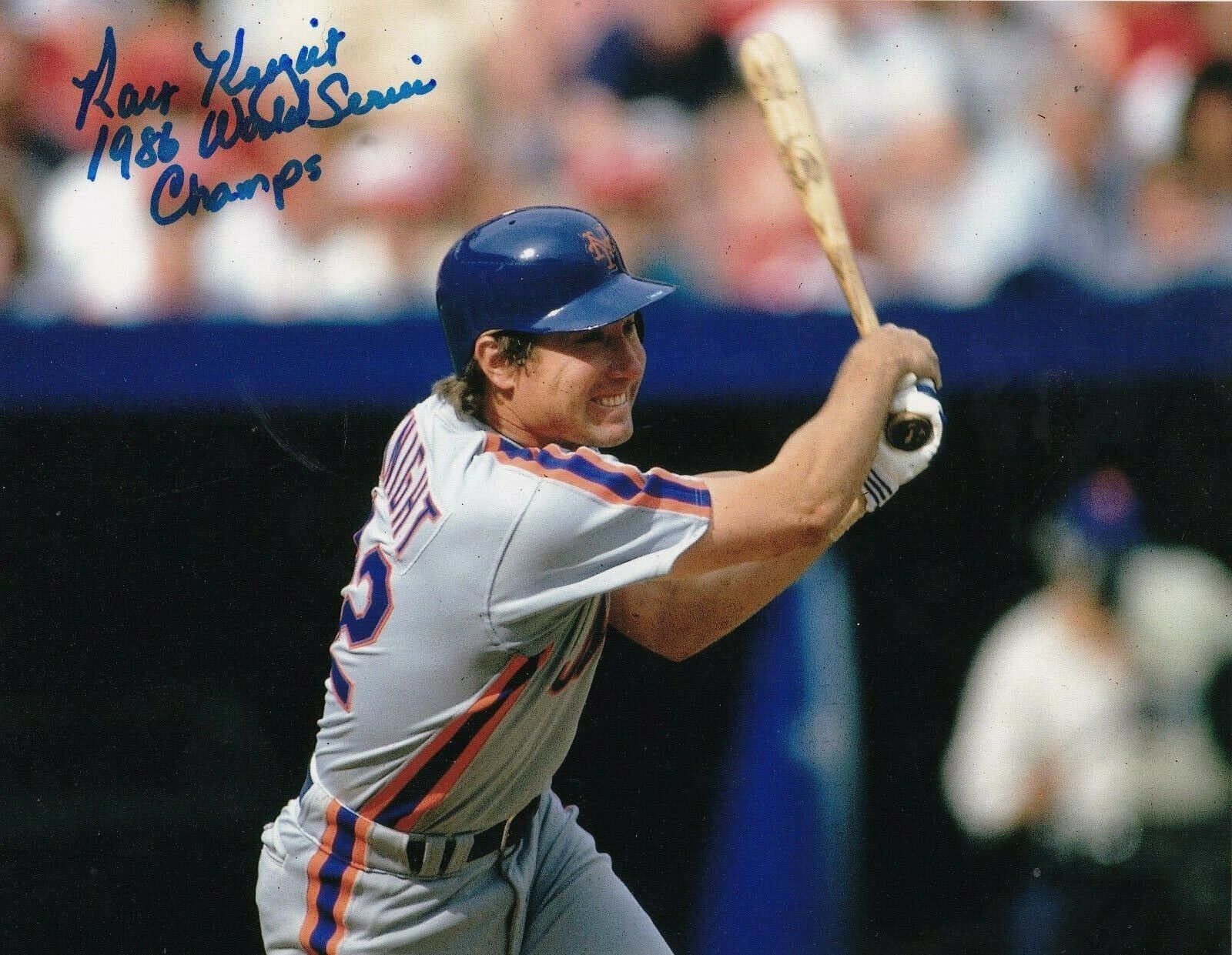 RAY KNIGHT NEW YORK METS 1986 WORLD SERIES CHAMPS ACTION SIGNED 8x10