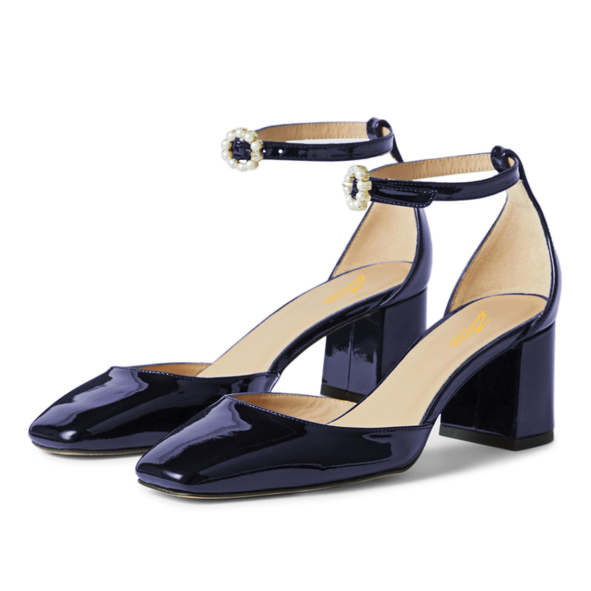 Navy Patent Square Toe Block Heel Pumps Shoes with Pearl Buckle Strap Nicepairs