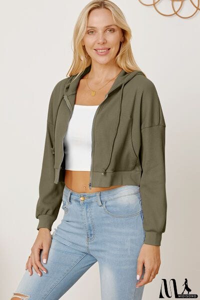 MidiSono - Waffle-Knit Drawstring Zip Up Hoodie