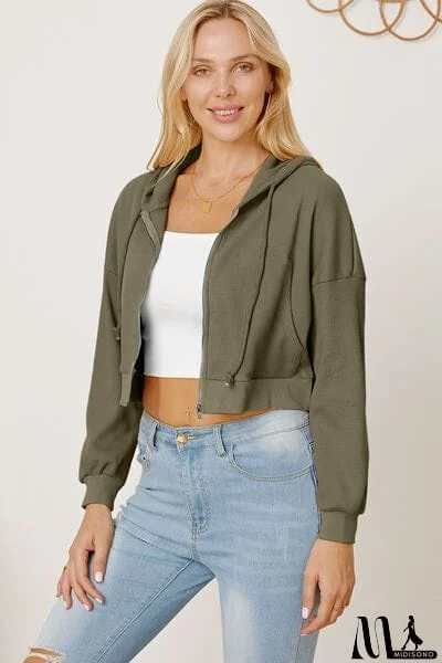 MidiSono - Waffle-Knit Drawstring Zip Up Hoodie