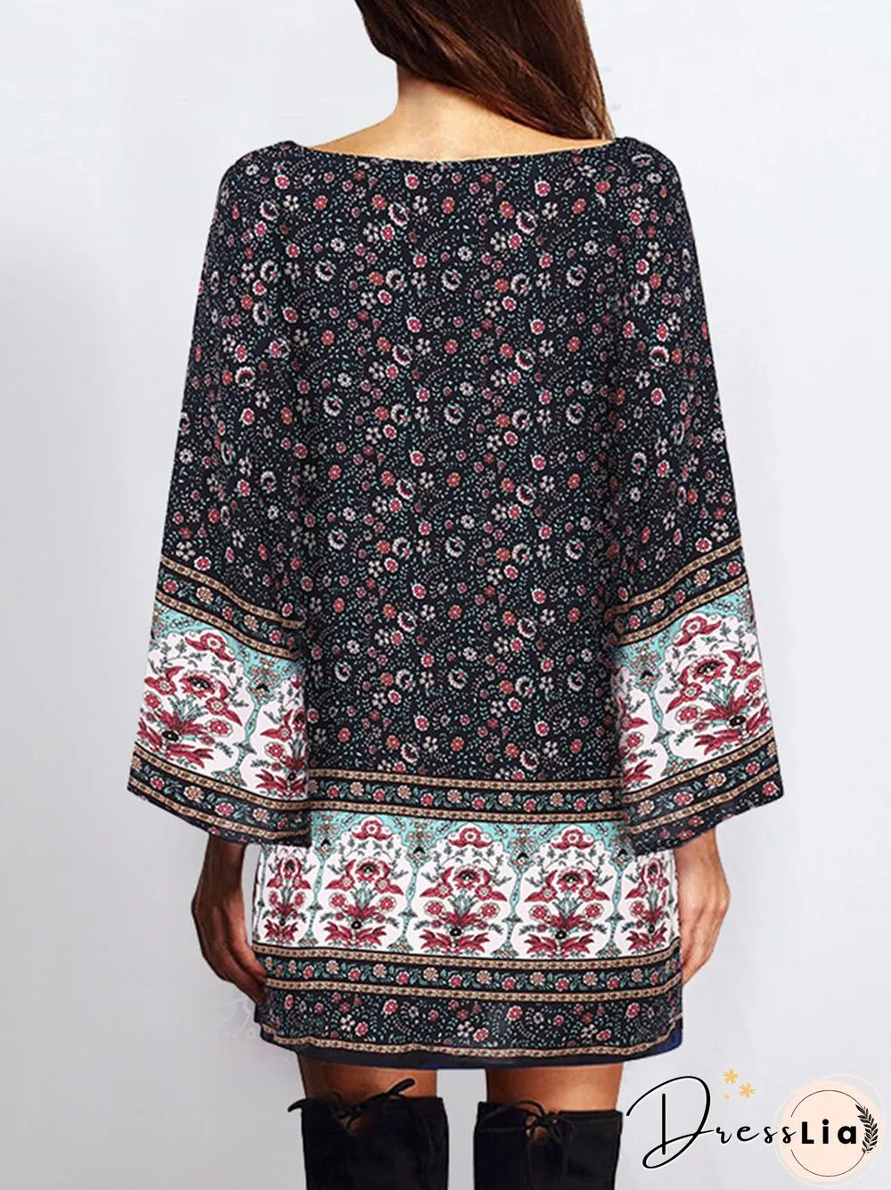 Floral Print Bohemian Long Sleeve Crew Neck Dress For Women