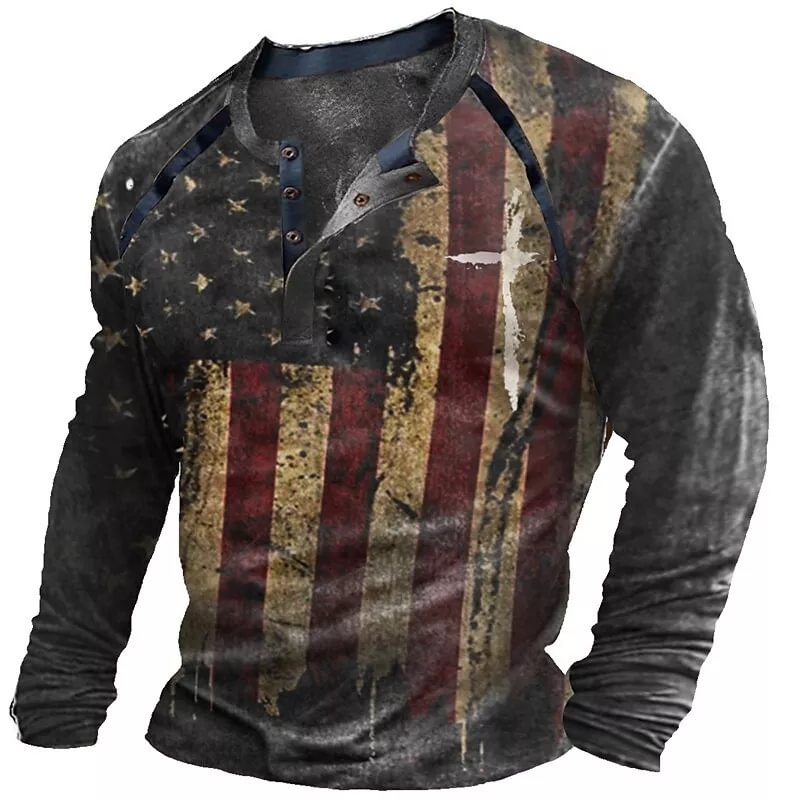 Men's 3D Print Graphic Patterned National Flag Patchwork Button-Down Long Sleeve Henley T-Shirt