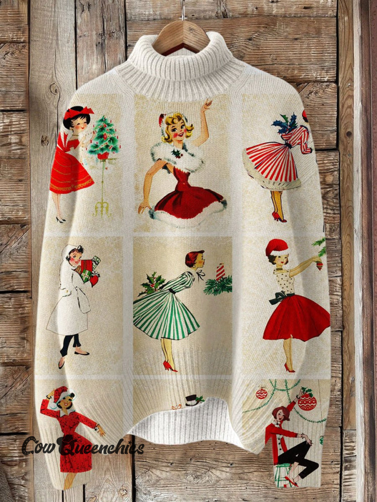 Retro Christmas Print Knit Turtleneck Pullover Sweater Multicolor / S