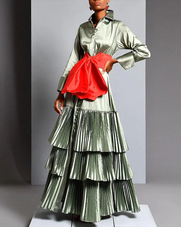 Women's Lapel Long Sleeve Pleated Satin Dress