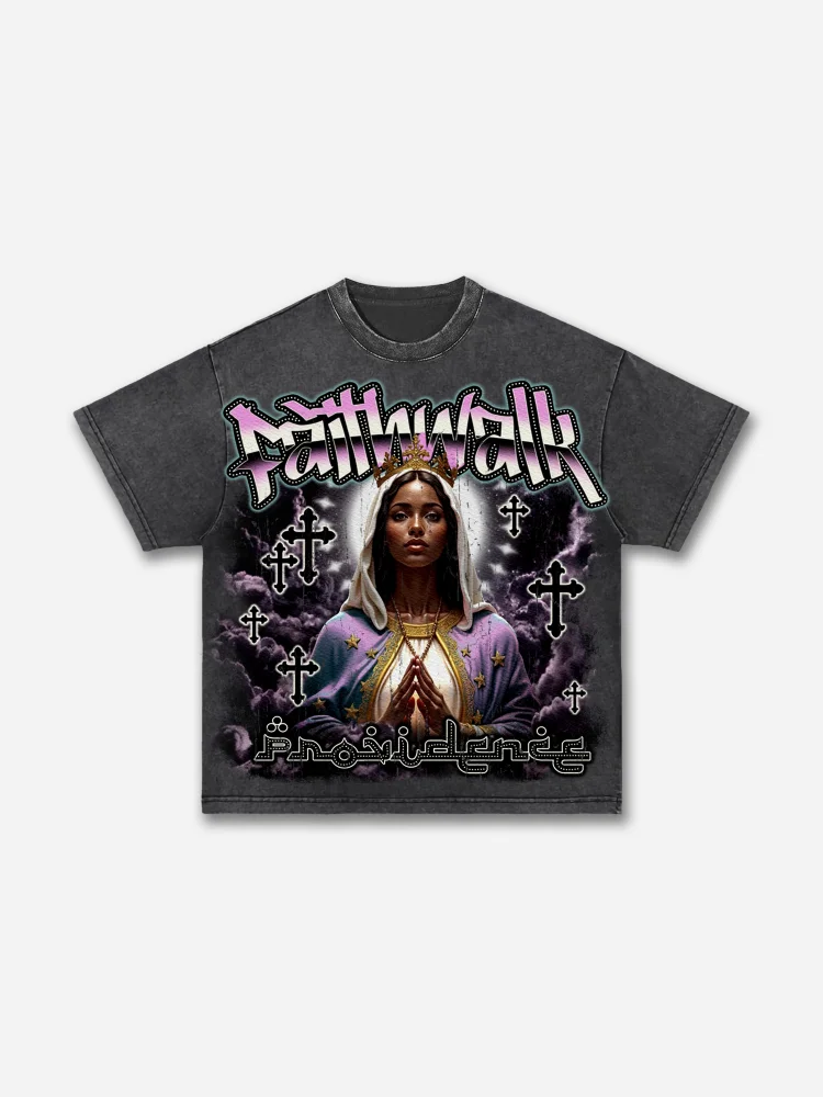 Faith Walk Our Lady Of The Cross Vintage Graphic Acid Wash T-shirt