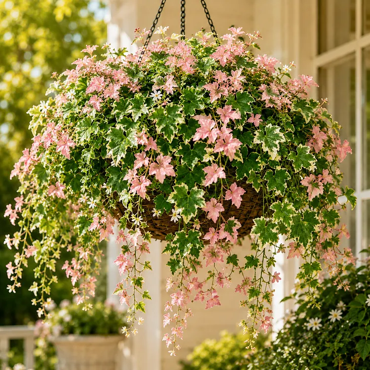 Two-tone foliage hanging basket &ndash; soft pink flowers paired with beautiful cream-edged foliage.