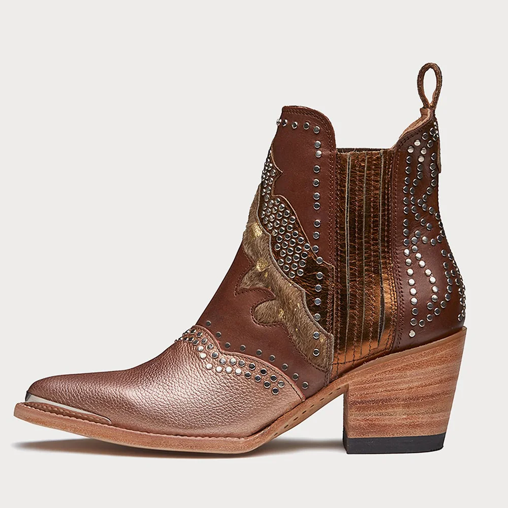 Women's Brown Leather Designer Boots Cone Heel Short Boots Nicepairs