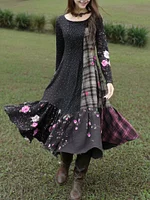 Women's Vintage Polka Dot And Rose Floral Plaid Patchwork Linen Dress