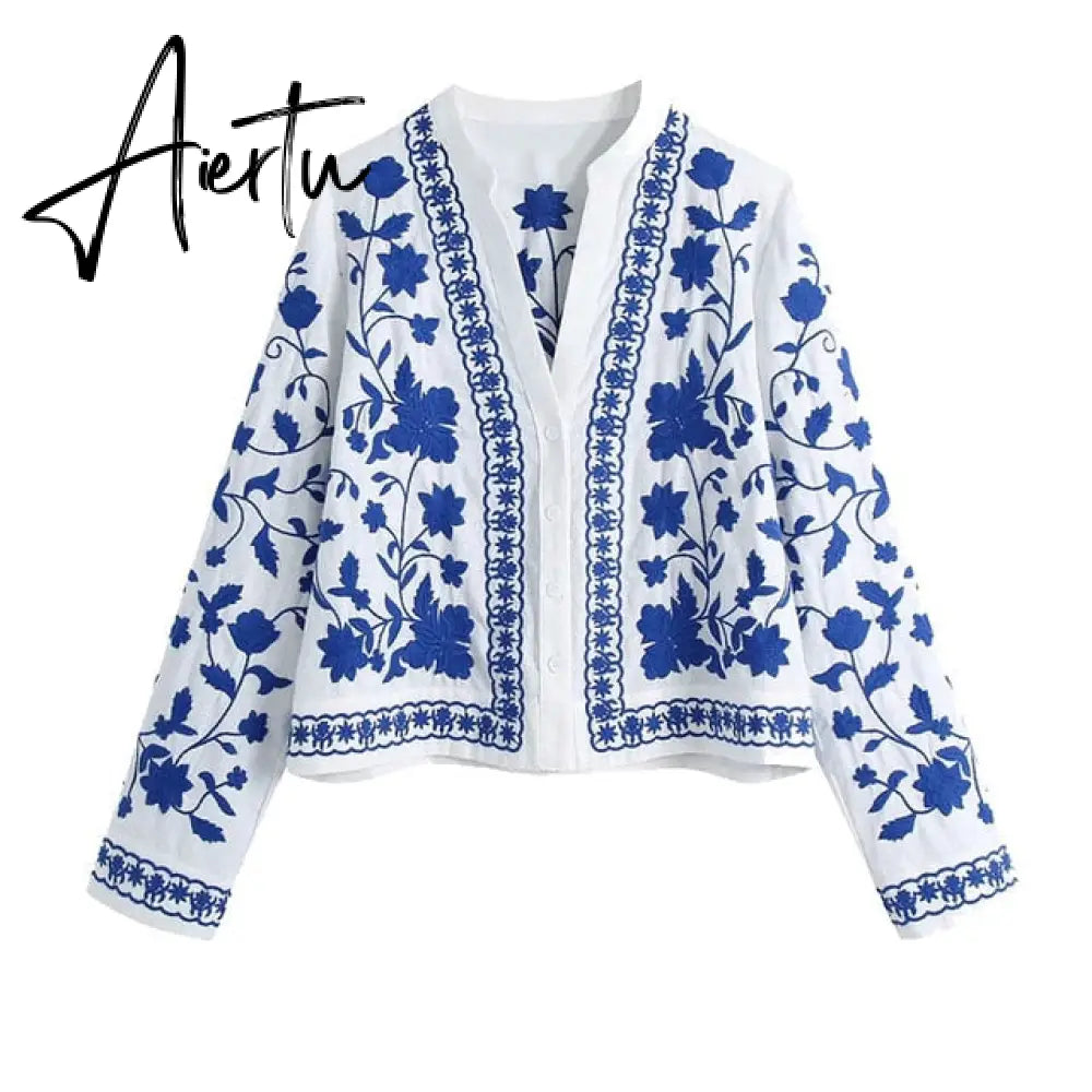 Women  Fashion Floral Embroidery Loose Blouses Vintage Long Sleeve Button-up Female Shirts Blusas Chic Tops Aiertu
