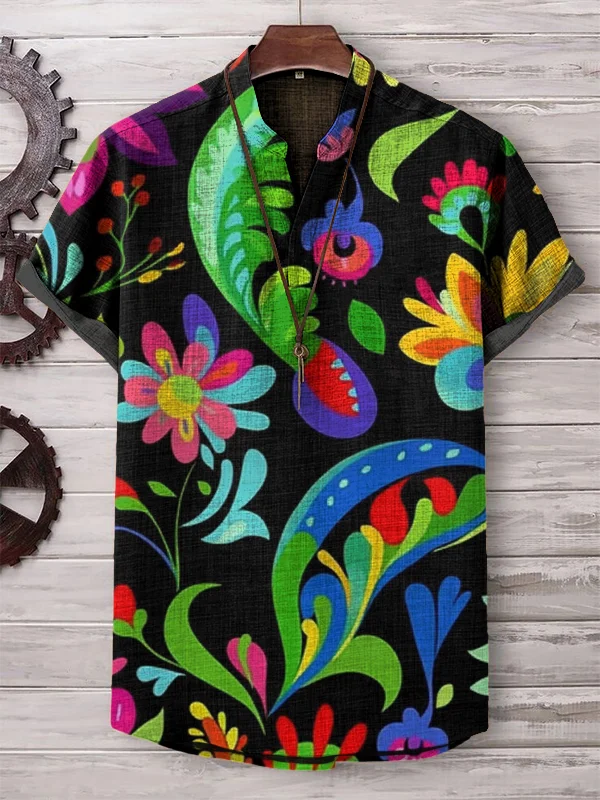 Men's Colored Abstract Floral Art Print Casual V Neck T-Shirt