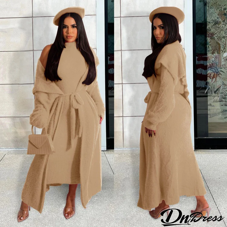 Autumn And Winter Women Fashion Solid Color Plush Dress Long Coat Lace-Up Two-Piece Set