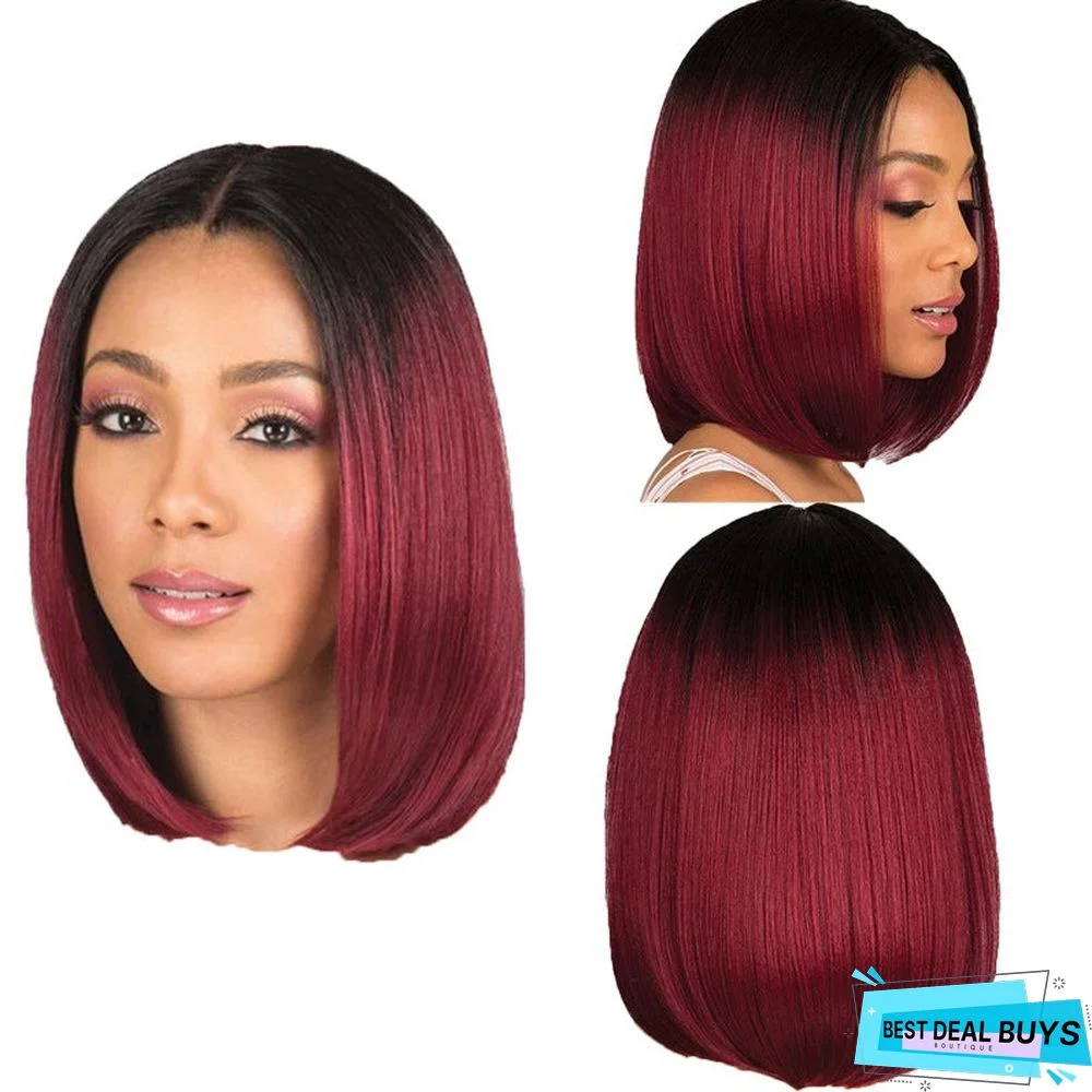 Dyeing Medium Bobo Wig Female Short Straight Hair Black Gradient Wine Red