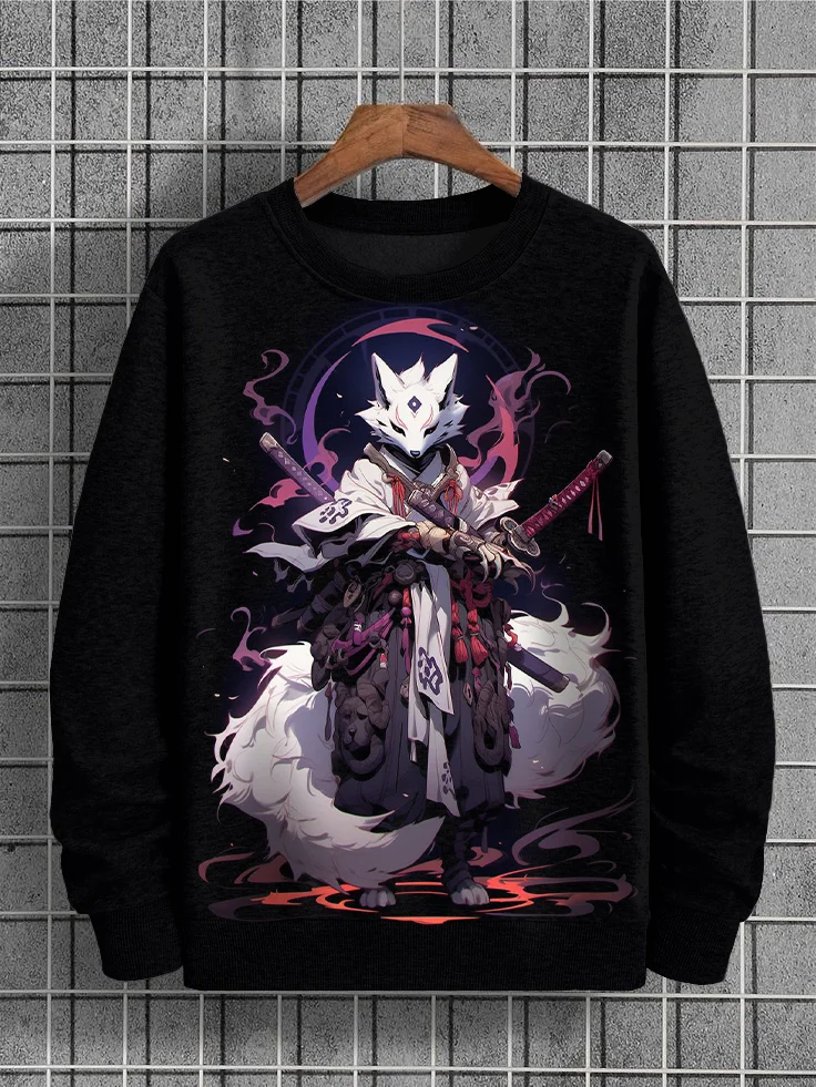 Men s Fox Demon Swordsman Art Print Casual Sweatshirt