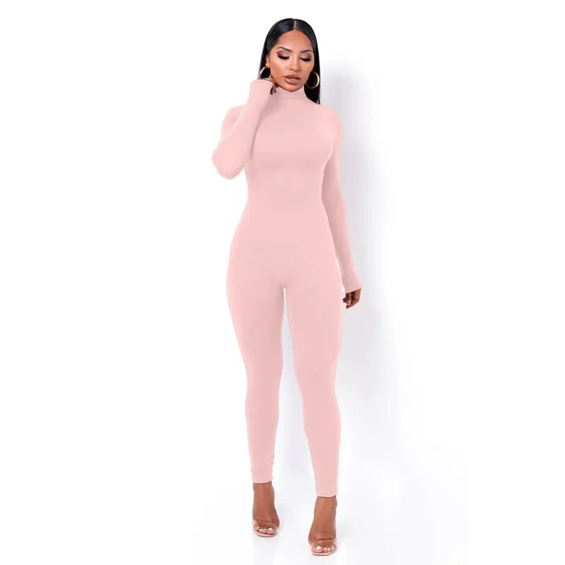 Hugcitar Long Sleeve Solid Turtleneck Skinny Bodycon Jumpsuit Autumn Winter Women Fashion Streetwear Casual Romper